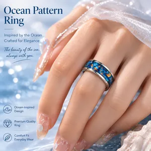 Close-up detail of an ocean-inspired stainless steel ring featuring a vibrant blue marble pattern