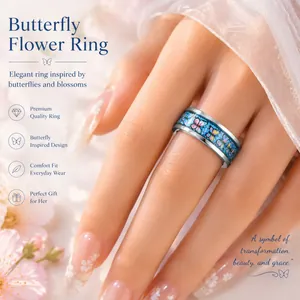 Close-up of butterfly flower pattern stainless steel ring on a manicured finger.