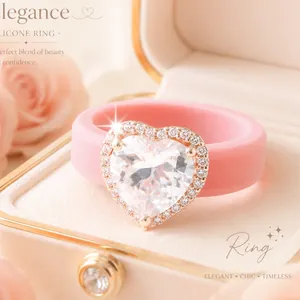 Elegante anello in silicone rosa con zirconia cubica a cuore in confezione regalo