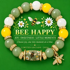Handmade colorful beaded stretch bracelet with bee charm and nature-themed graphic background