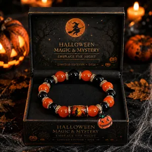 Halloween Beaded Bracelet Orange Black Glass Crystal Beads Pumpkin Bat Ghost Witch Castle Charm Rhinestone Elastic Jewelry For Party Women