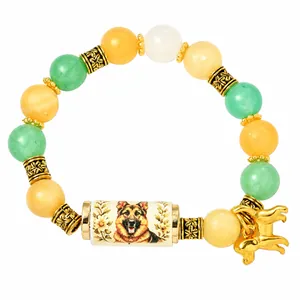 Multi-color beaded bracelet with German Shepherd print and gold elephant charm for women