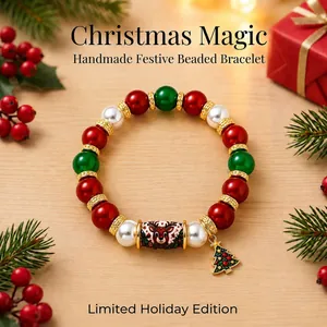Detailed view of a festive Christmas beaded bracelet featuring reindeer and tree charms