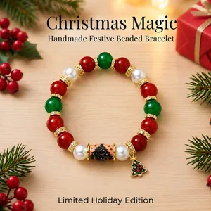 Festive handmade Christmas beaded bracelet with tree charm and red green beads