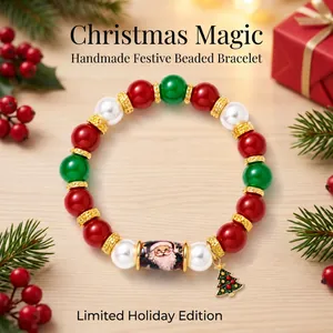 Detail of handmade Christmas beaded bracelet with Santa bead and festive tree charm.