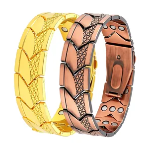 Pair of antique copper and gold plated magnetic bracelets for men featuring triple row magnets