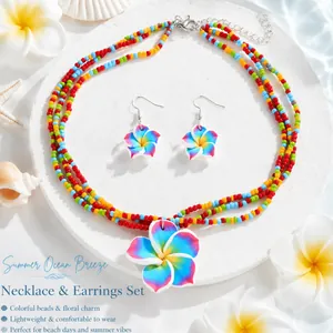 Farbenfrohes Plumeria Blumen Halsketten und Ohrring Set mit Polymer Ton Anhängern