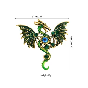 Vintage punk mechanical dragon brooch with enamel wings, including size and weight