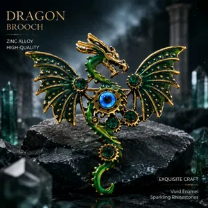 Close-up view of a punk mechanical flying dragon brooch with green enamel and gear details.