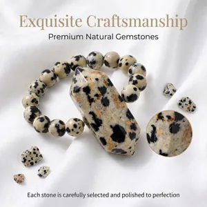 Detailed view of a natural Dalmatian Jasper hexagonal pillar beaded ring on white silk.