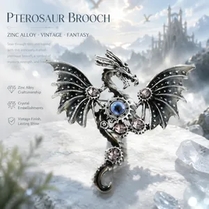 Detailed macro shot of a vintage punk mechanical dragon brooch with gears and crystals