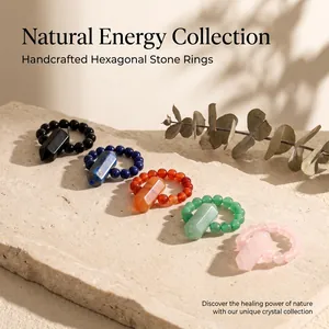 Detail view of handcrafted hexagonal stone rings in various natural crystal colors