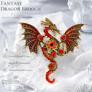 Detailed punk mechanical dragon brooch featuring red enamel and gear craftsmanship.