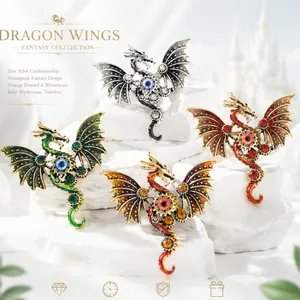 Detailed view of steampunk mechanical dragon brooches with enamel and gears