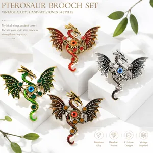 Detail view of vintage punk dragon brooch set with mechanical gear elements