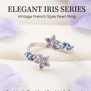 Detalle de un elegante anillo de flores estilo francés vintage con piedras púrpuras