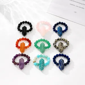Nine colorful natural stone beaded rings with hexagonal crystal pillar pendants.