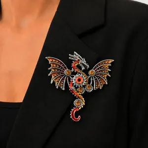 Vintage Punk Mechanical Dragon Brooch For Men Women Zinc Alloy Rhinestone Enamel Gothic Steampunk Flying Dragon Brooch Pin Accessory