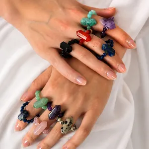 Bohemian Natural Stone Beaded Stretch Ring For Women Hexagonal Crystal Amethyst Rose Quartz Handmade Niche Jewelry Gift