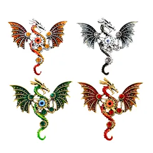 Set of four steampunk mechanical dragon brooches with gear motifs and colorful enamel