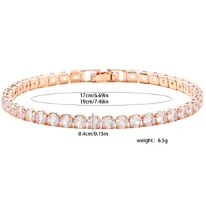 Detail view of a rose gold tennis zircon bracelet with 17cm and 19cm size dimensions.