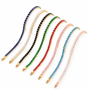 Detailed view of multiple colored tennis bracelets with cubic zirconia stones