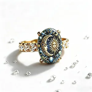 Detailed close-up of celestial sun and moon face ring in gold with sparkling side stones