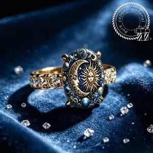 Detailed view of the sun and moon face ring featuring golden band and blue enamel