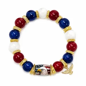 Handmade patriotic stretch bracelet with red white blue beads and eagle flag pattern