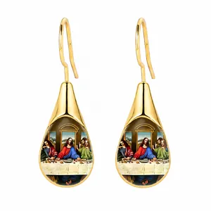 Elegant golden stainless steel teardrop earrings featuring The Last Supper painting