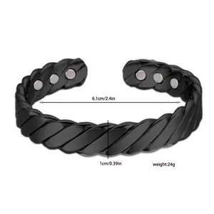 Detailed view of black striped magnetic cuff bracelet showing size and 24g weight