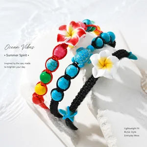 Bracelets de cheville boho d'été avec fleurs en pâte polymère et breloques tortue