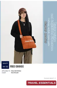 Gros plan sur un sac à bandoulière en nylon matelassé orange avec imprimé lettres blanches