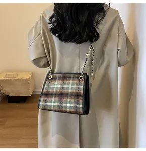 Trendy green and brown plaid wool small square chain crossbody bag for women's daily commute