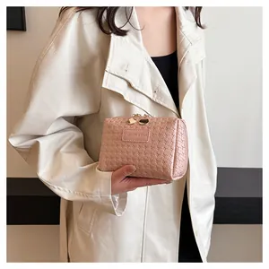 Handheld view of a pink woven checkered cosmetic bag with gold-tone zipper details.