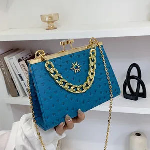Dames Vierkant Struisvogelpatroon Handtas Retro PU Leer Metalen Frame Kiss Lock Schoudertas Ketting Crossbody Tas
