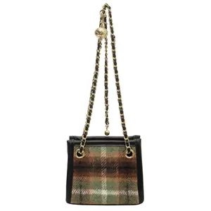 Stylish plaid woolen square bag featuring a gold ball charm chain strap for women