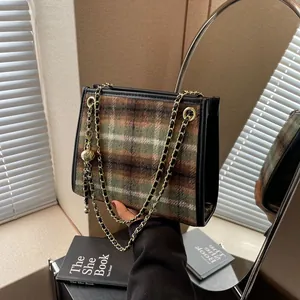 Vintage Plaid Tweed Chain Shoulder Bag For Women Retro Grid Small Square Crossbody Bag Commuter Tote With Metal Ball Adjuster