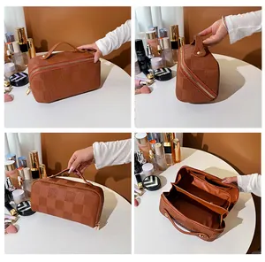 Detail view of a brown checkered cosmetic bag showing its exterior and interior compartments.
