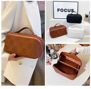 Detailed collage of checkered cosmetic bags showing interior compartments and colors