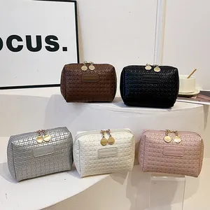 Stylish checkered woven cosmetic bags for women, minimalist square clutch organizers