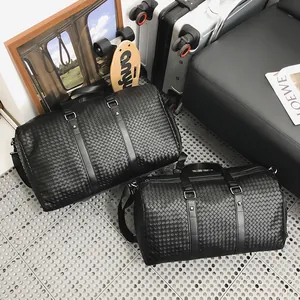 Grand sac de voyage en cuir tressé noir avec compartiment à chaussures pour voyage