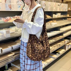 2024 Fashionable large leopard print cotton tote bag for women, casual commuter shoulder bag