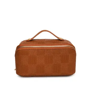 Brown checkered square handbag, chic cosmetic bag with handle for travel storage.