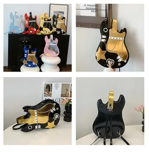 Multiple views of creative guitar-shaped backpack showing various colors and details