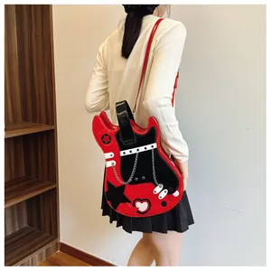 Stylish and creative guitar-shaped crossbody bag with red and black patent leather finish