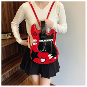 Creative guitar-shaped red and black backpack for women with stylish chain decorations