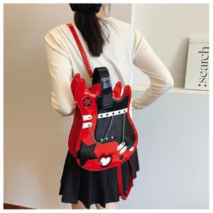 Back view of a woman wearing a red and black guitar-shaped backpack in a minimal setting