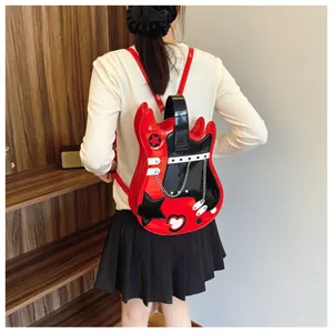 Back view of a creative red and black guitar-shaped backpack worn by an Asian model