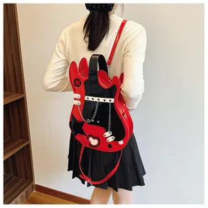 Detailed back view of a woman wearing a unique red and black guitar-shaped backpack